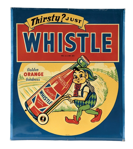  PAINTED TIN WHISTLE SODA POP SIGN.