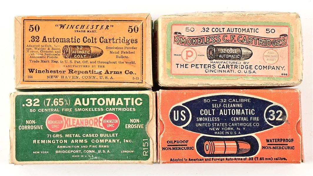 LOT OF 4: BOXES OF VINTAGE .32 ACP BOXES.