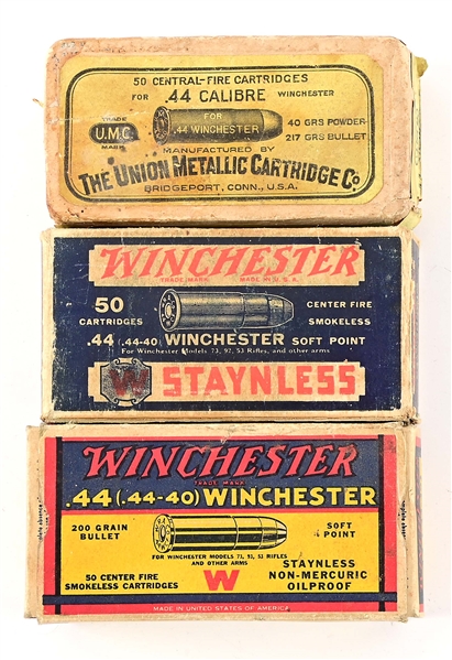 LOT OF 3: WINCHESTER AND UMC .44-40 AMMUNITION BOXES.