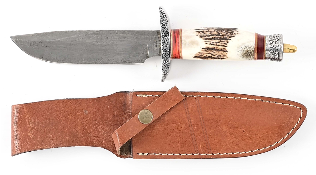 IMITATION DAMASCUS DROP POINT KNIFE WITH SCABBARD.