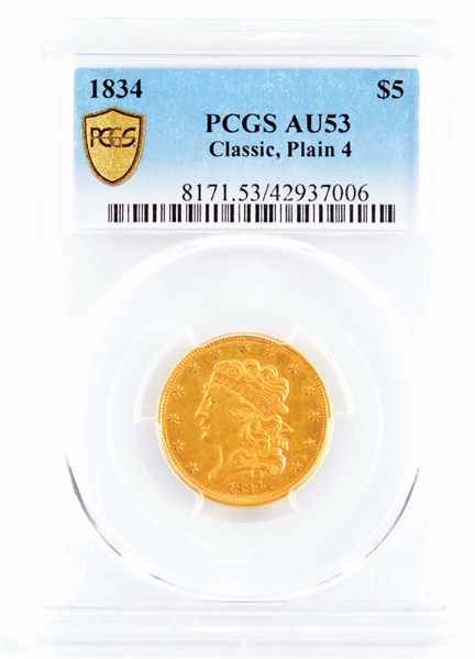 1834 $5 GOLD COIN, AU 53 PCGS.