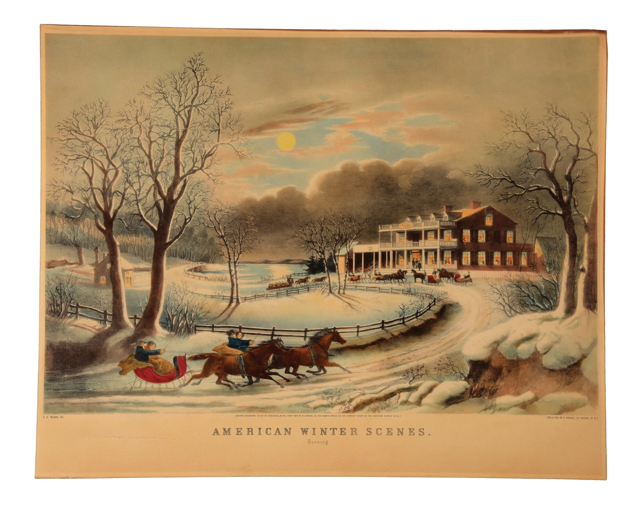 NATHANIEL CURRIER (1813 – 1888) "AMERICAN WINTER SCENES, EVENING" LITHOGRAPH LARGE FOLIO.