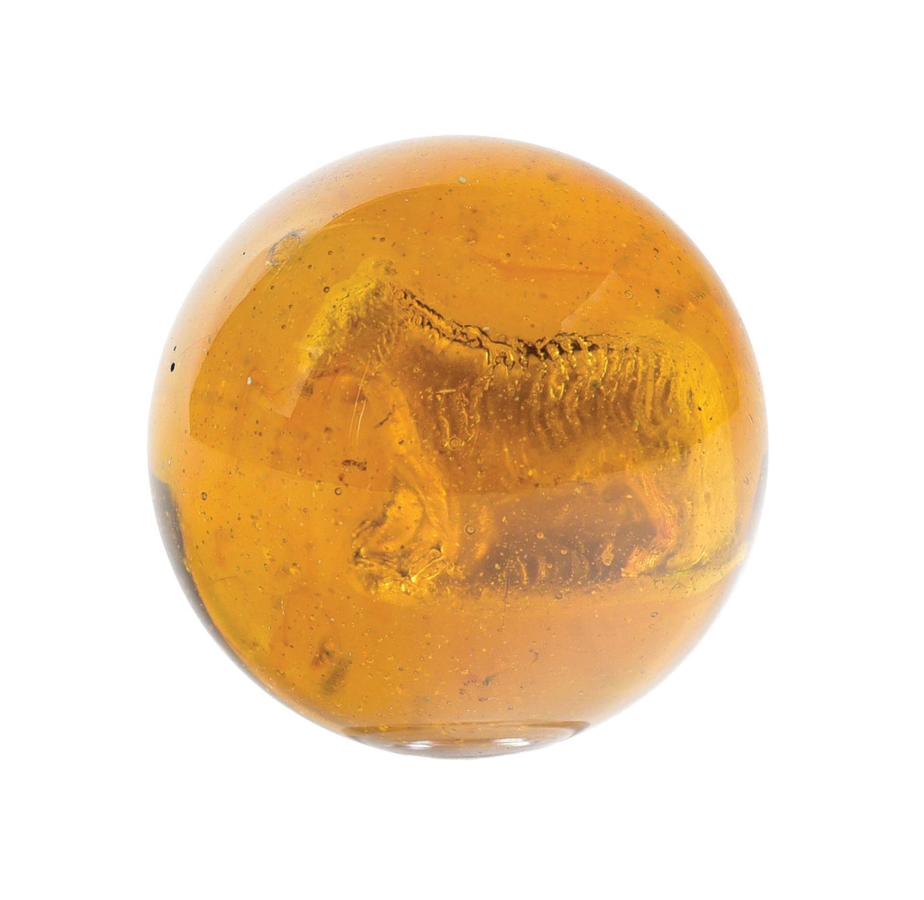 LARGE AMBER GLASS SHEEP SULFIDE MARBLE.