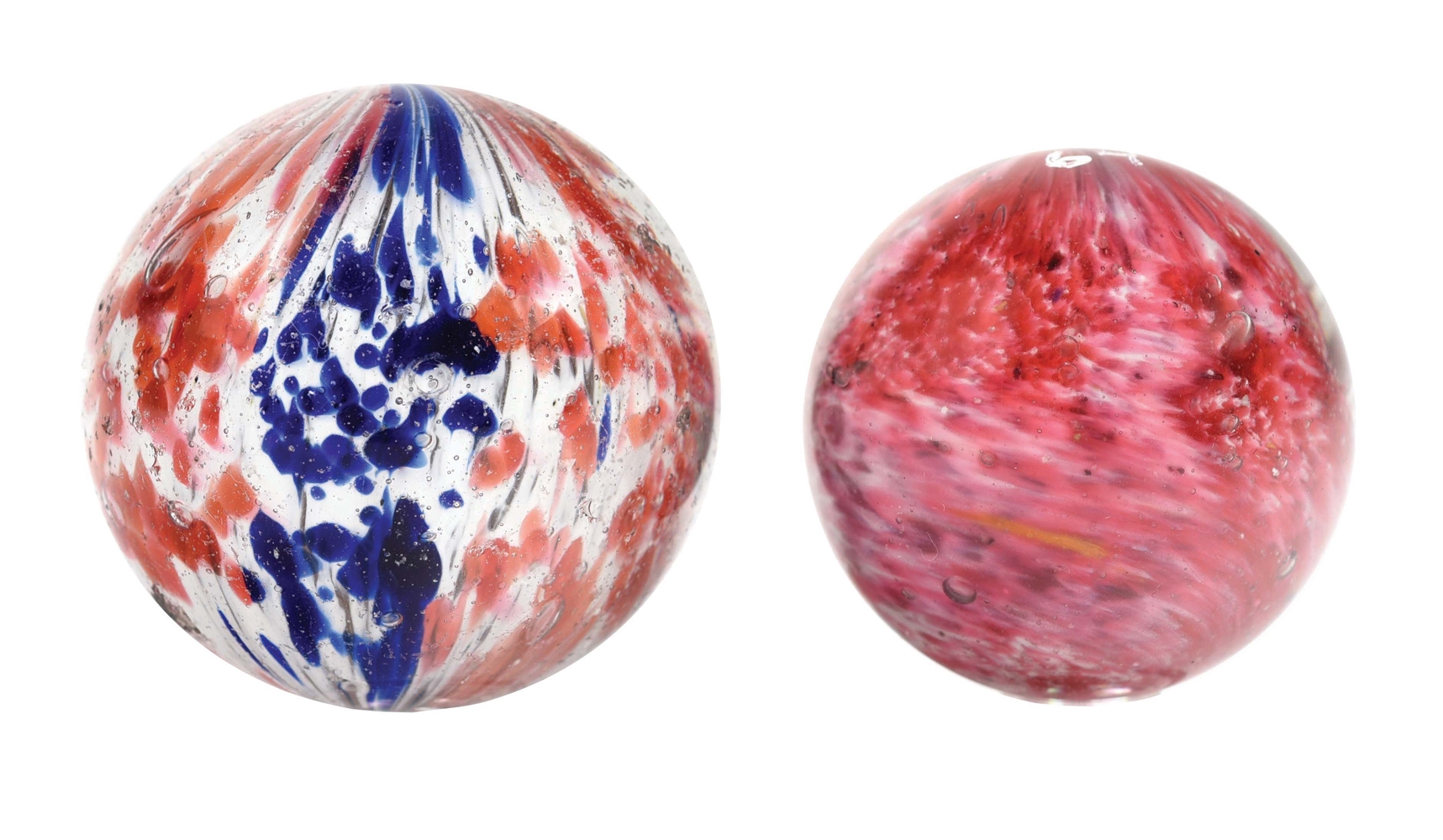 LOT OF 2: LARGE HANDMADE MARBLES.
