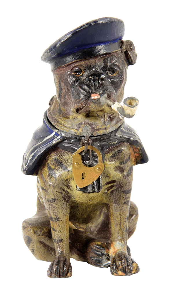 SPLELTER SAILOR DOG WITH PIPE BANK.