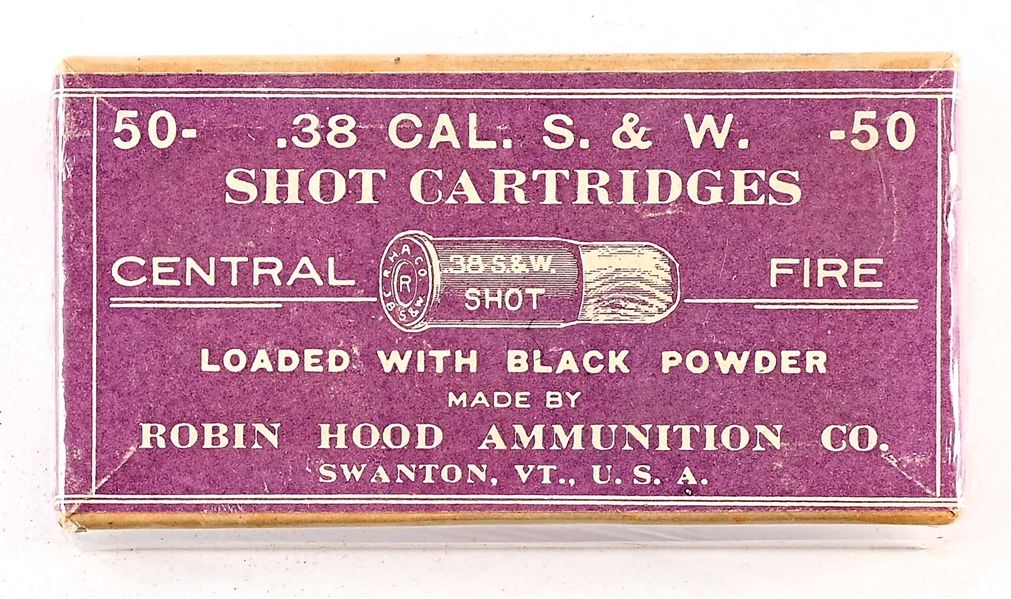 RARE SEALED BOX OF ROBIN HOOD .38 S&W SHOT CARTRIDGES.