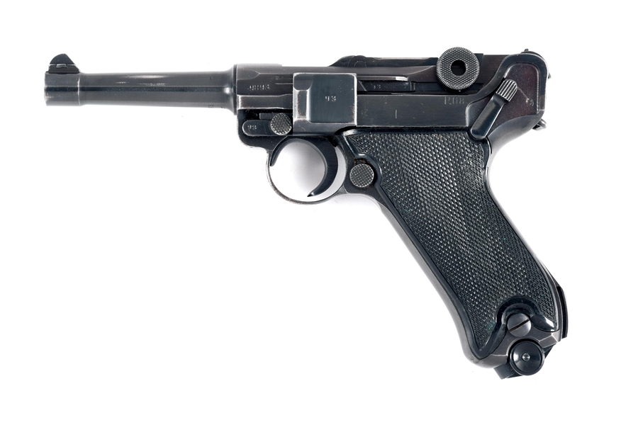 (C) GERMAN WWII MAUSER "BYF" CODE "41" DATE BLACK WIDOW P.08 SEMI-AUTOMATIC PISTOL WITH HOLSTER.