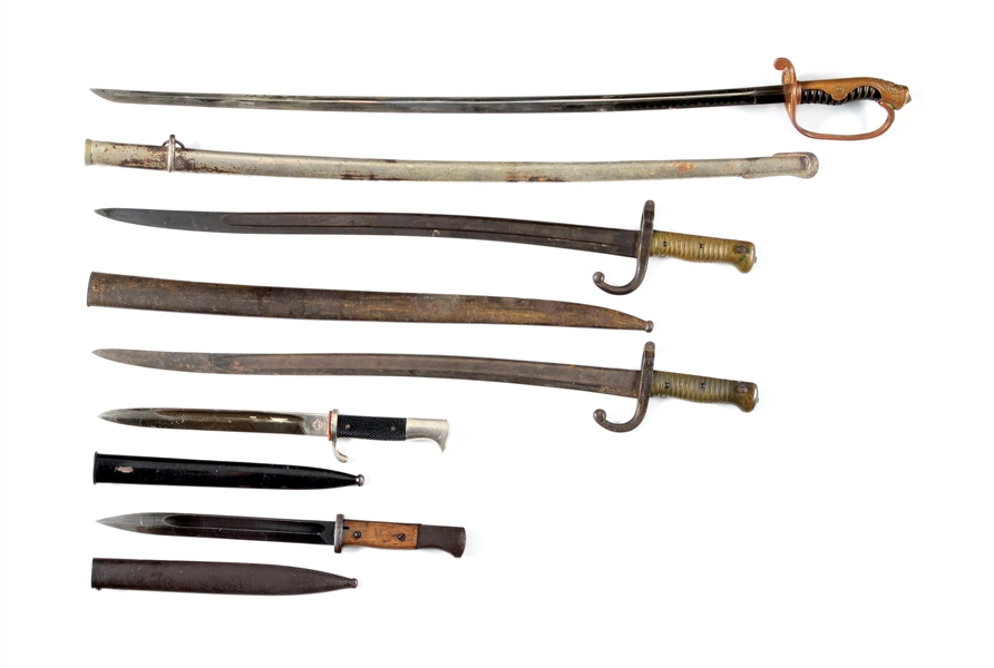 LOT OF 5: JAPANESE WWII POLICE SWORD, 2 FRENCH 1866 BAYONETS, AND 2 GERMAN WWII MAUSER BAYONETS.