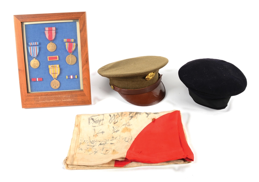 LOT OF 4: 2 US WWII HATS, US WWII MEDAL GROUP, AND JAPANESE WWII FLAG.