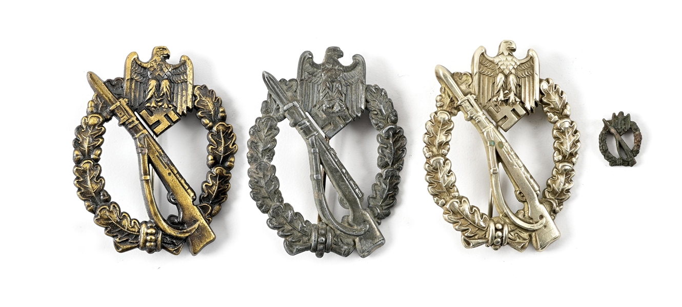 LOT OF 4: 3 GERMAN WWII INFANTRY ASSAULT BADGES AND STICK PIN.