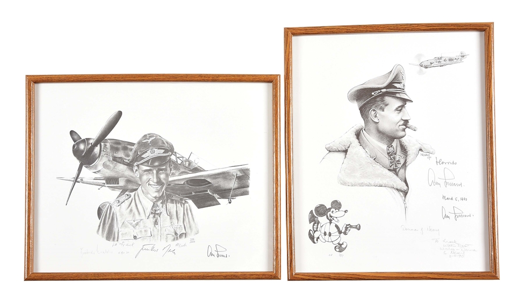 LOT OF 2: SIGNED PRINTS OF GERMAN WWII LUFTWAFFE ACES GUNTHER RALL AND ADOLF GALLAND.