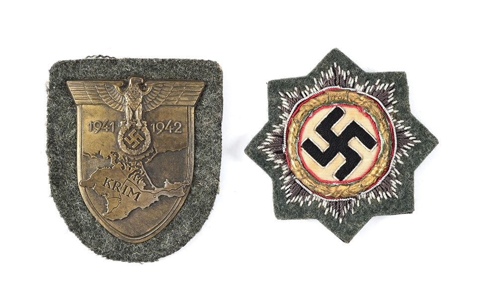 LOT OF 2: GERMAN WWII KRIM CAMPAIGN SHIELD AND CLOTH CROSS IN GOLD.