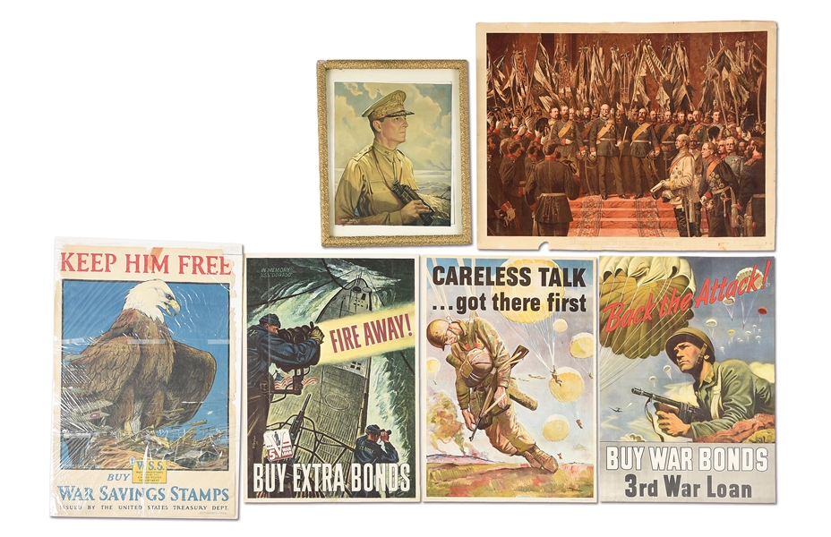 LOT OF 6: US WWI-WWII WAR BOND POSTERS AND 1870S PRUSSIAN PRINT.