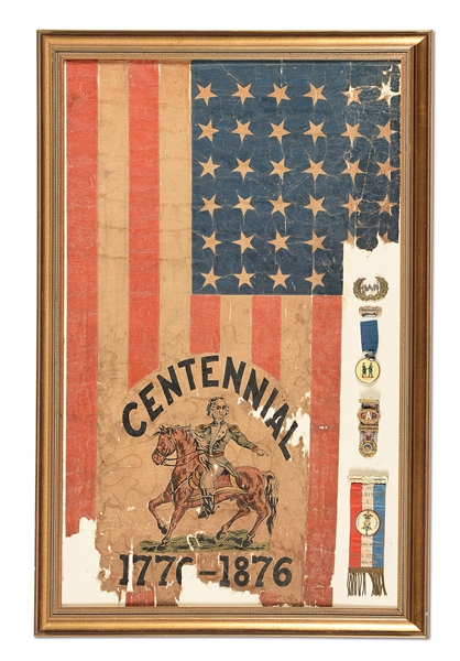 US 1776-1876 CENTENNIAL FLAG WITH CALIFORNIA GAR MEDALS AND BADGES.