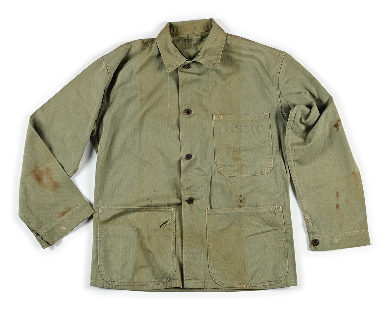 US WWII P41 FATIGUE JACKET NAMED TO OLIVER J. TABORELLI, 6TH MARINE DIVISION, WOUNDED AT OKINAWA.