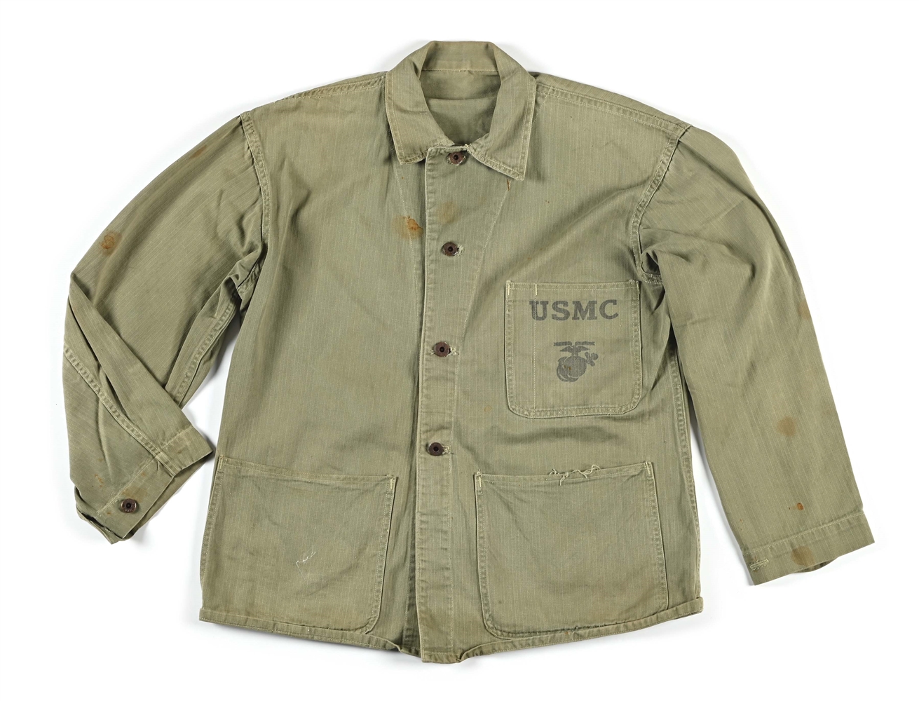 US WWII P41 FATIGUE JACKET NAMED TO CARL A. GOMOLL, BATTLE OF OKINAWA.