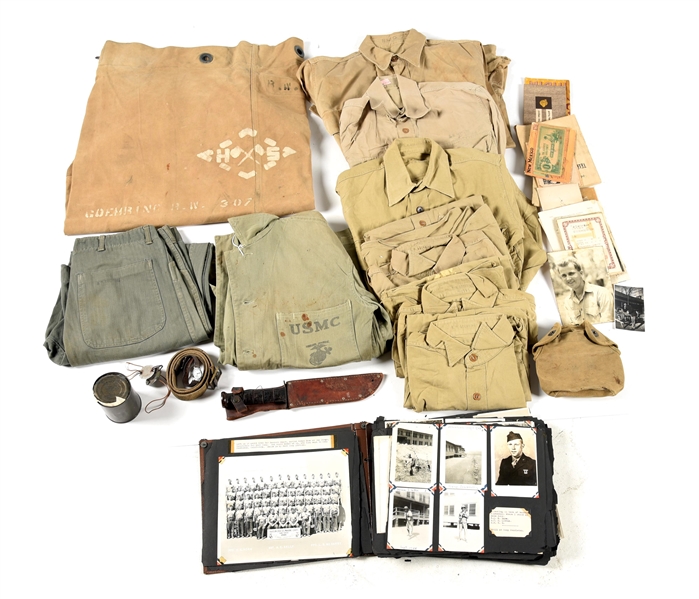 US WWII EXTENSIVE USMC FATIGUE, SEABAG, PHOTO ALBUM, AND GEAR GROUPING NAMED TO RALPH H. GOEHRING, 1ST MARINE DIVISION.