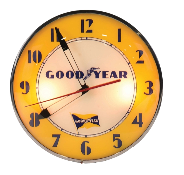 GOODYEAR TIRES GLASS FACE SERVICE STATION CLOCK.