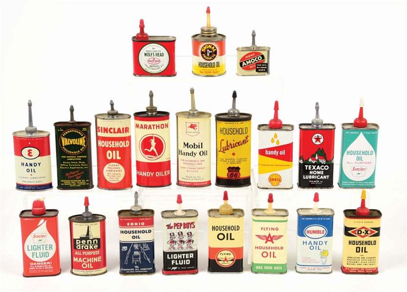 LARGE COLLECTION OF 20 VARIOUS OIL COMPANY HANDY OILER CANS. 