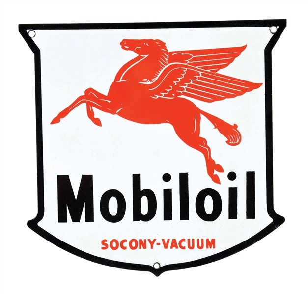 MOBILOIL PORCELAIN OIL RACK SHIELD SIGN W/ PEGASUS GRAPHIC. 