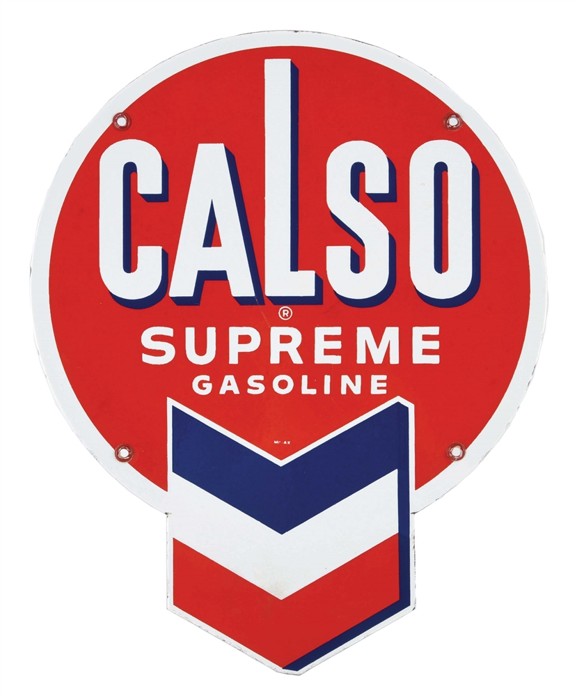 CALSO SUPREME GASOLINE PORCELAIN PUMP PLATE SIGN.