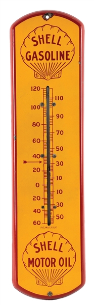 EXCEEDINGLY RARE SHELL GASOLINE & MOTOR OIL PORCELAIN SERVICE STATION THERMOMETER.