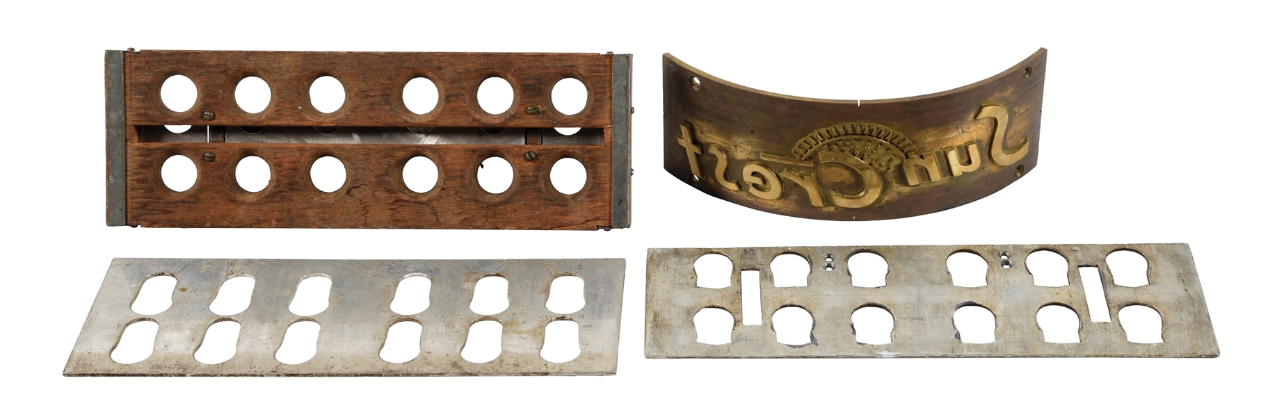 SUN CREST COLA BRASS PLATE AND BOTTLE HOLDERS.