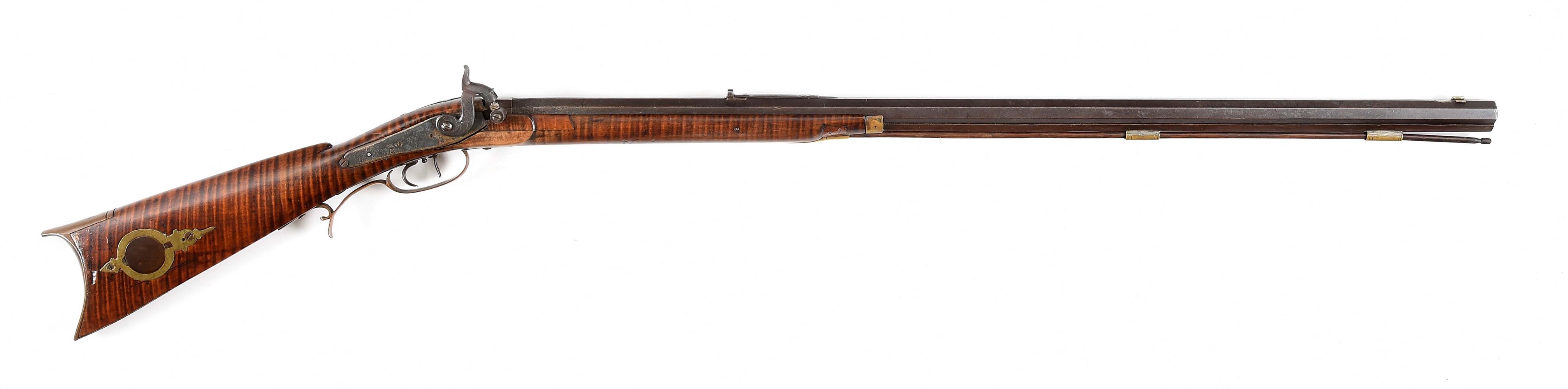 (A) PERCUSSION HALFSTOCK RIFLE WITH LEMAN MARKED BARREL.