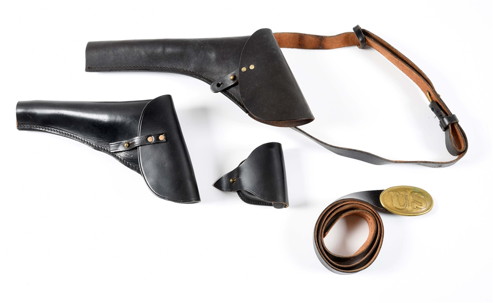(A) LOT OF REPLICA LEATHER HOLSTERS AND BELT.