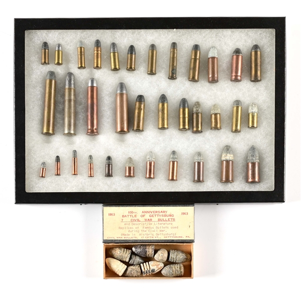 LOT OF 2: CASED CARTIDGE COLLECTION AND BOXED GETTYSBURG CIVIL WAR BULLET REPLICAS.