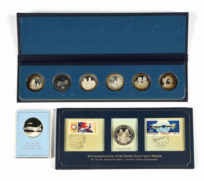 LOT OF SPACE MEDALS IN STERLING SILVER AND NORMAN ROCKWELL TRIBUTE TO ROBERT FROST.