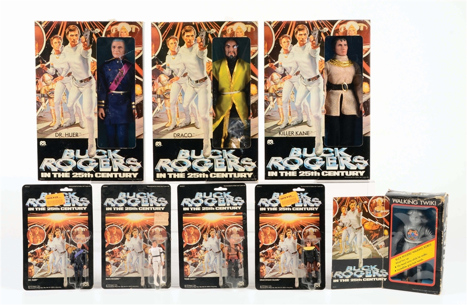 LOT OF 15: VARIOUS LARGER AND SMALLER MEGO BUCK ROGERS IN THE 25TH CENTURY FIGURES.