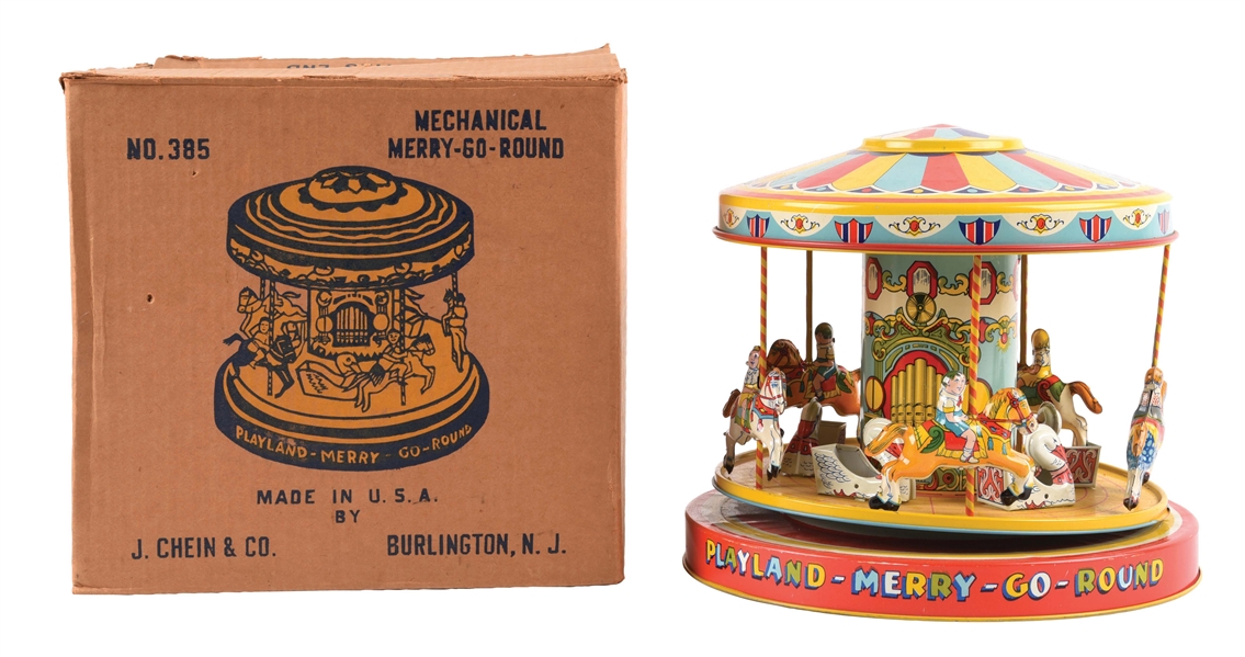 CHEIN TIN LITHO WIND-UP MECHANICAL MERRY-GO-ROUND TOY.