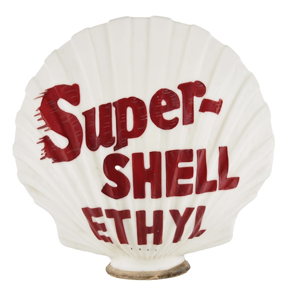 SUPER SHELL ETHYL GASOLINE ONE PIECE CAST CLAMSHELL GLOBE.