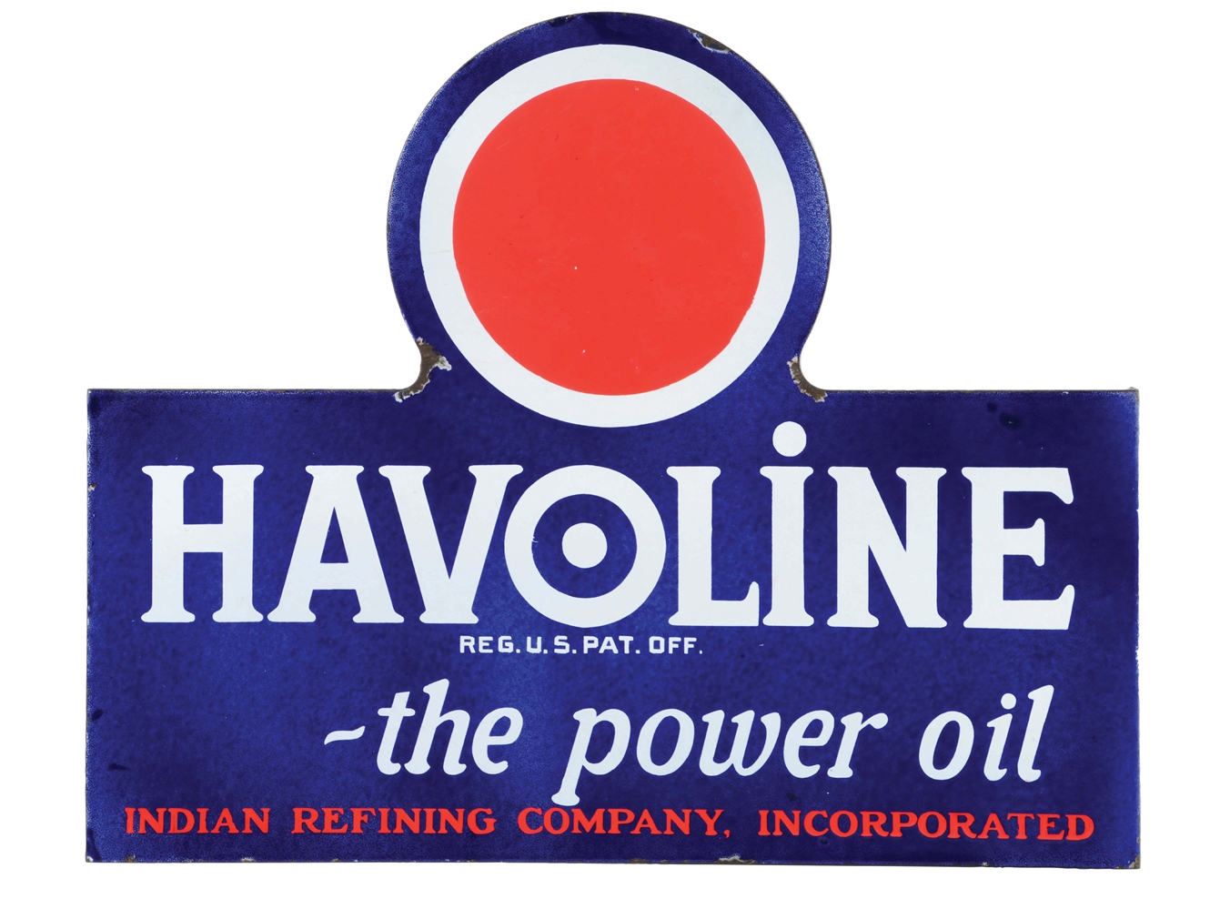 HAVOLINE MOTOR OILS PORCELAIN SERVICE STATION FLANGE SIGN.