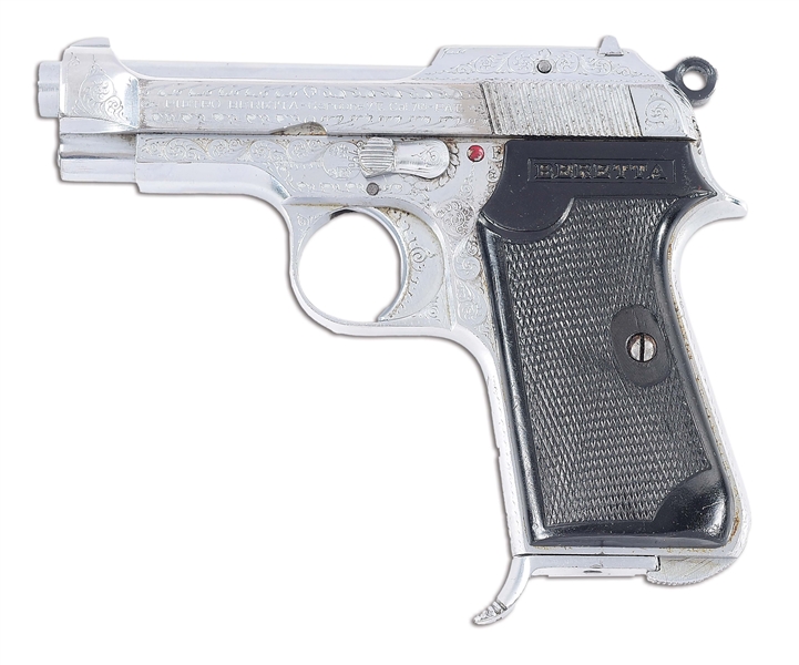 (C) HIGH CONDITION NICKEL PLATED & FACTORY ENGRAVED BERETTA MODEL 1935 SEMI-AUTOMATIC PISTOL.