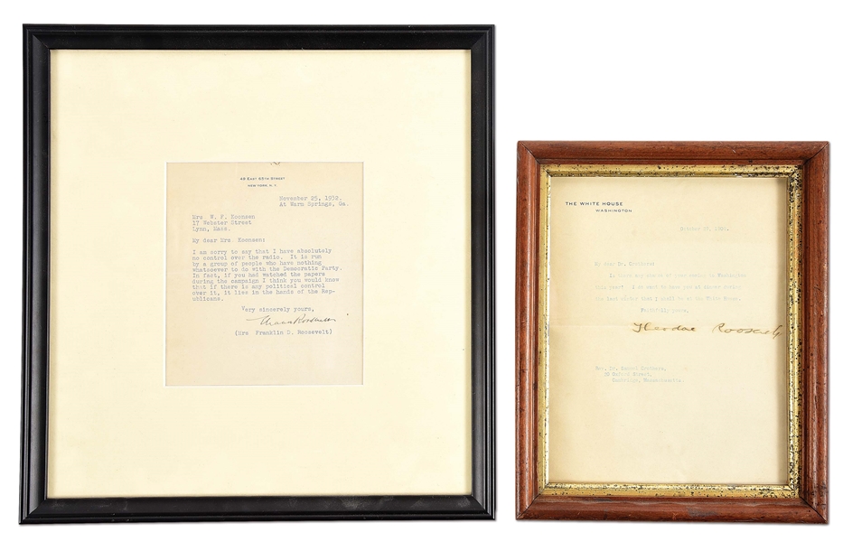 LOT OF 2: LETTERS SIGNED BY THEODORE ROOSEVELT AND ELEANOR ROOSEVELT.