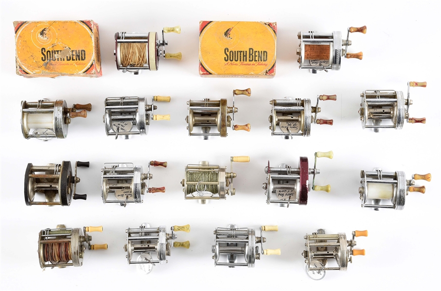 LOT OF 16: SOUTH BEND BAITCASTING REELS. 