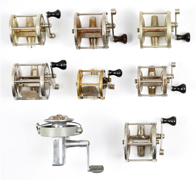 LOT OF 8: SALTWATER FISHING REELS INCLUDING ATLANTIC, PACIFIC, AND GULF. 