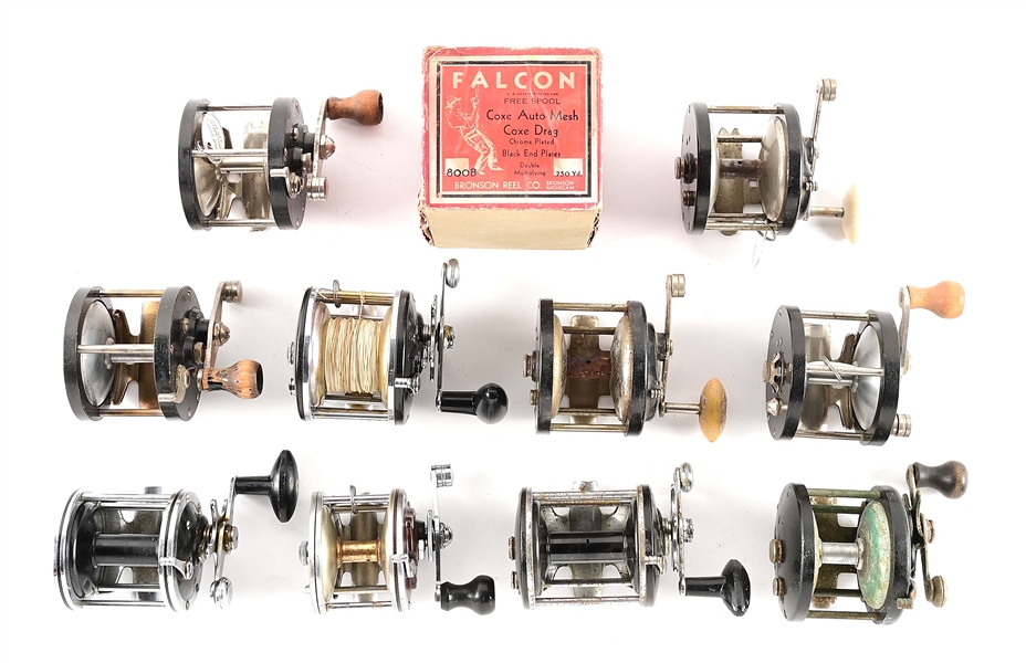LOT OF 10: BRONSON AND JA COXE SALTWATER FISHING REELS. 