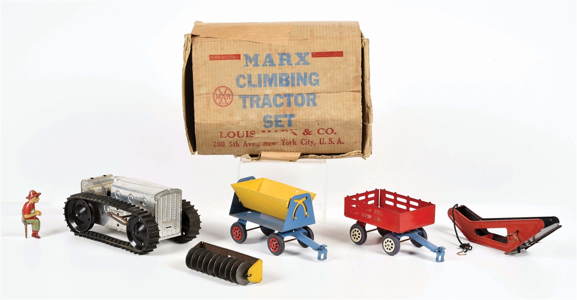 VERY EARLY MARX TIN & PRESSED STEEL CLIMBING TRACTOR SET.
