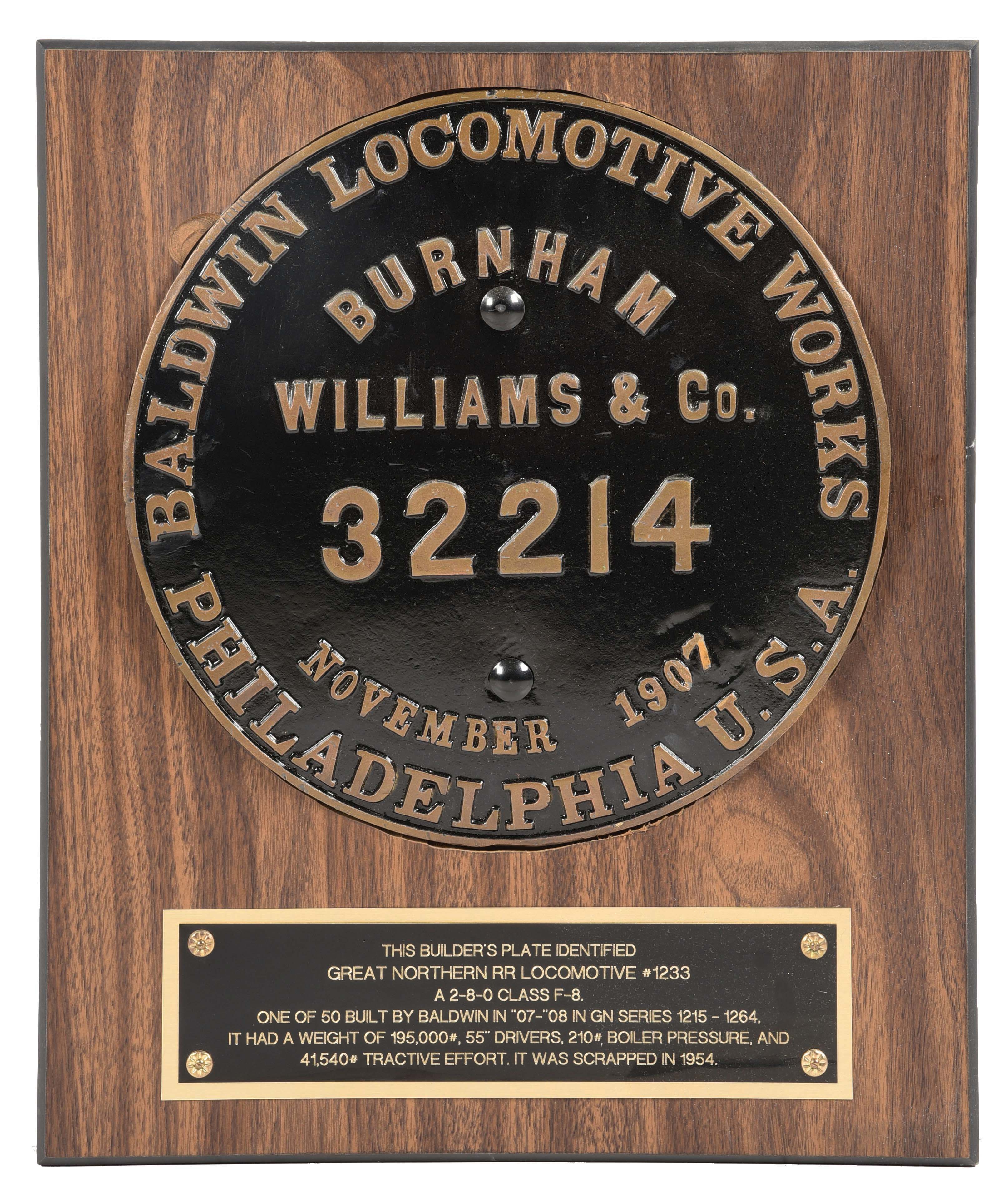 Lot Detail - STEAM LOCOMOTIVE BUILDER'S PLATE.