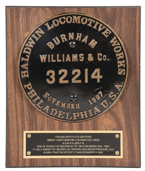 STEAM LOCOMOTIVE BUILDERS PLATE.