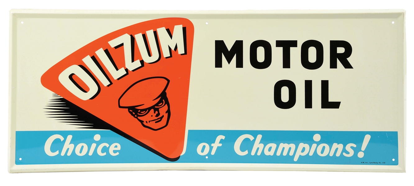 SPECTACULAR NOS OILZUM MOTOR OIL TIN SIGN.