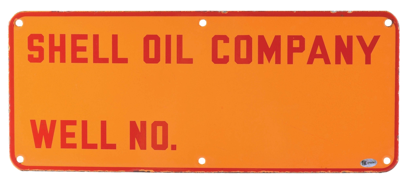 SHELL OIL COMPANY PORCELAIN WELL MARKER SIGN.