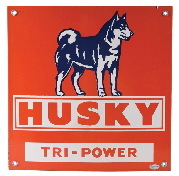 HUSKY TRI-POWER GASOLINE PORCELAIN PUMP PLATE SIGN W/ HUSKY DOG GRAPHIC. 