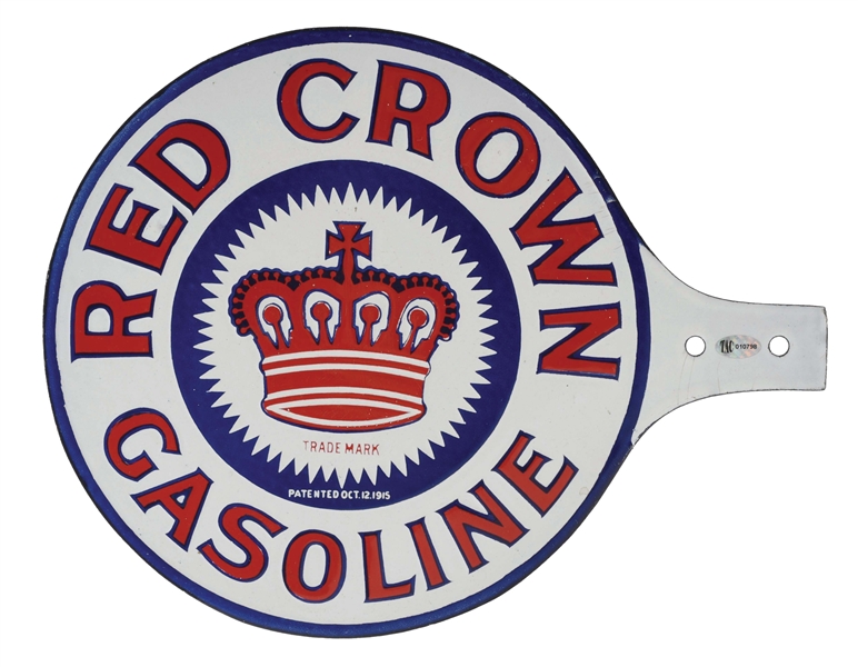 RED CROWN GASOLINE PORCELAIN VISIBLE PUMP PADDLE SIGN W/ CROWN GRAPHIC. 