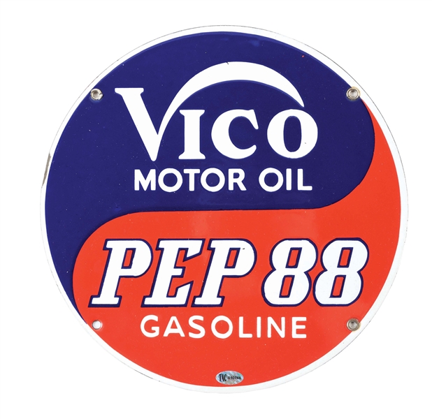 SCARCE VICO MOTOR OIL & PEP 88 GASOLINE PORCELAIN SIGN.