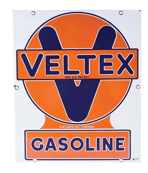 VELTEX GASOLINE PORCELAIN PUMP PLATE SIGN. 
