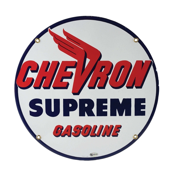 RARE CHEVRON SUPREME GASOLINE PORCELAIN PUMP PLATE SIGN W/ WINGED V GRAPHIC. 